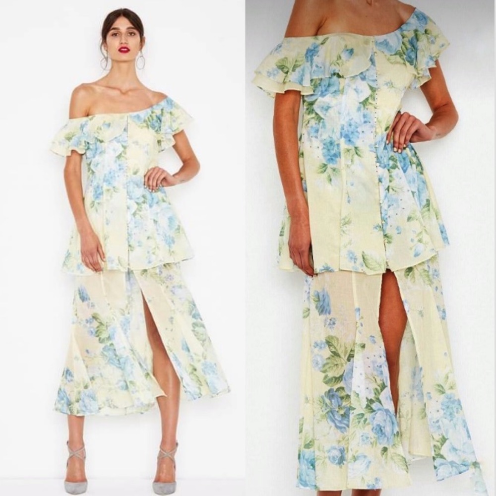 Alice McCall Pale Yellow Floral Off-Shoulder Maxi Dress with Blue & Green Print
